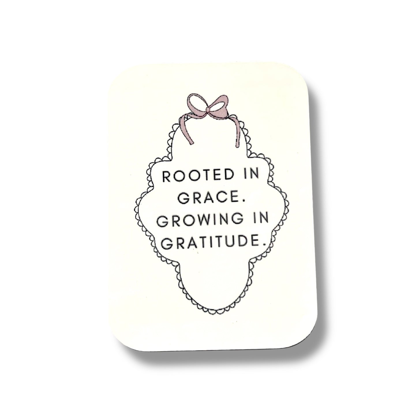 Scallop Banner with Pink Coquette Ribbon Illustrated Rooted in Grace Growing in Gratitude.